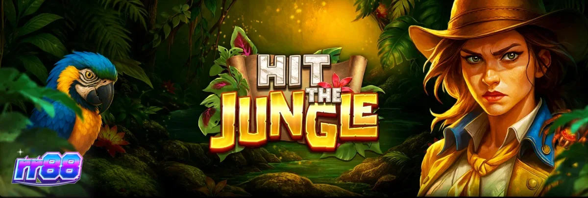 Giao diện trò chơi slot Hit the Jungle với chủ đề rừng rậm và các biểu tượng động vật hoang dã